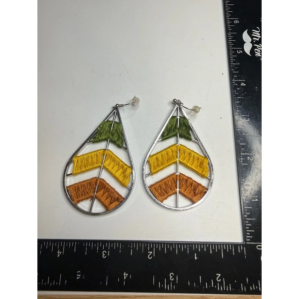 Boho Embroidered Teardrop Earrings Chevron Thread Wrapped Silver Tone Dangle